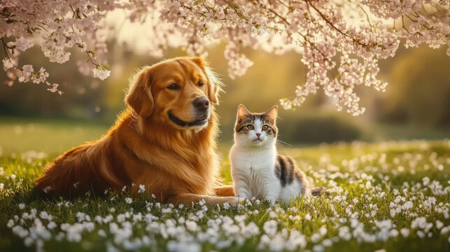 dog and cat sitting together in a spring meadow under a blossoming cherry tree