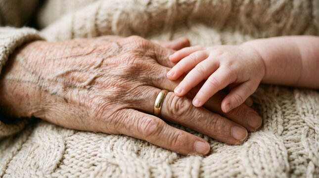 A close-up shot of a wrinkled elderly hand gently holding a tiny baby's hand, symbolizing intergenerational connection and the circle of life.
