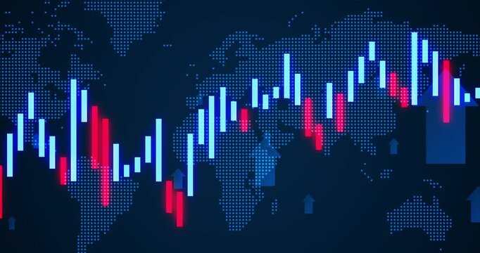 Chart, arrow and global map with line for statistics, financial insight and info for business growth. Ui, infographic and screen for profit increase, decrease and finance analytics for world economy