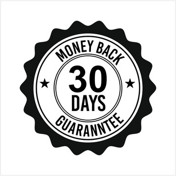 30 days money back guarantee black and white stamp vector icon isolated on white background