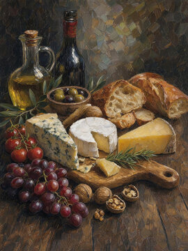 Still life painting of cheese board with grapes, bread and wine