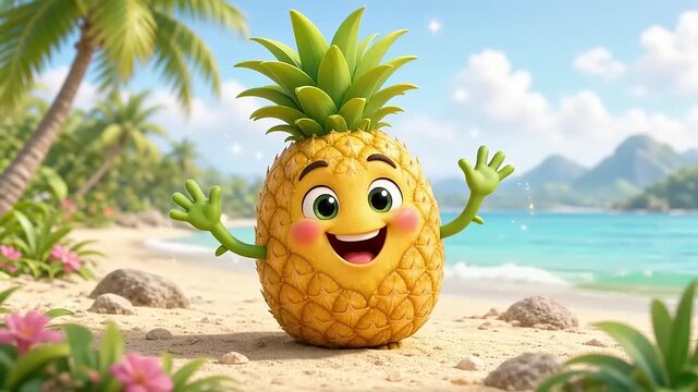 Happy Pineapple Character Waving on Tropical Beach Animation