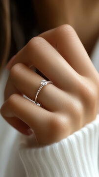Close up of an elegant engagement diamond ring on woman finger