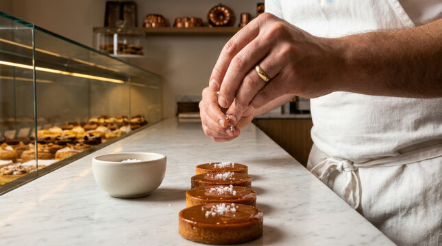 Pastry chef wearing gloves sprinkling sea salt on freshly baked caramel tarts