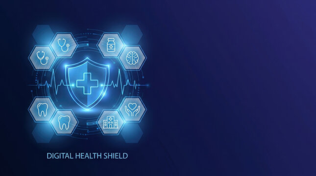 Glowing medical shield with a heartbeat ECG line and orbiting digital healthcare technology icons.