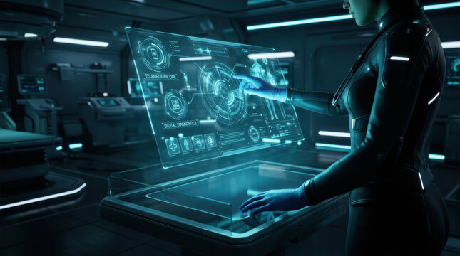 Doctor Interacting with Holographic Medical Brain Interface