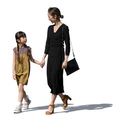 Japanese woman walking with her little daughter hand in hand in the street in the sunlight, PNG...