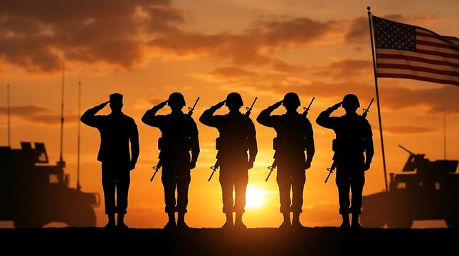 Silhouette of five soldiers saluting American flag at sunset with military vehicles, symbolizing patriotism and bravery during wartime.