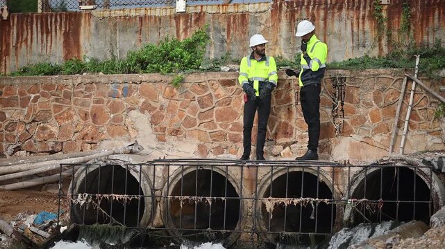 Engineers wearing safety gear, including hard hats examining survey a large blueprint tablet standing industrial facility gas or oil refinery engaged in a job requires high safety standards concept.	
