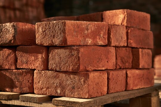 Stacked red clay bricks creating a wall of building materials on a wooden pallet