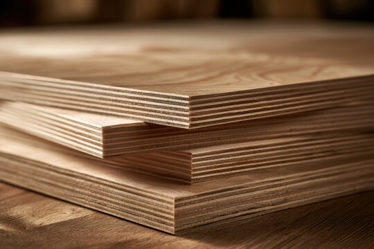 Plywood sheets are stacked, revealing the wood grain pattern and distinct layers