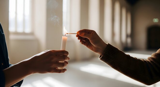 Person lighting a white candle with a match inside a church or hall