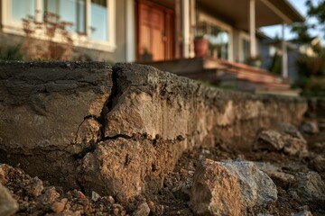 Fototapeta premium Cracked soil and exposed ground showing damage near a residential home foundation