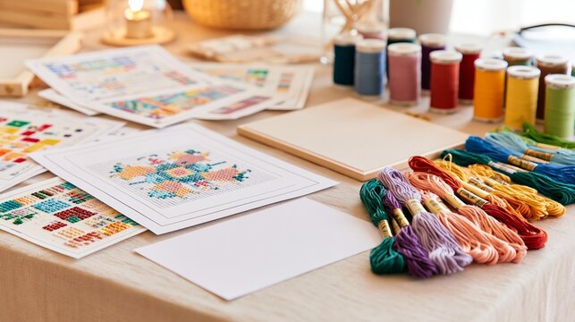 Craft table featuring cross stitch pattern charts, colorful cotton floss skeins, and blank canvas pieces in a creative workspace setting
