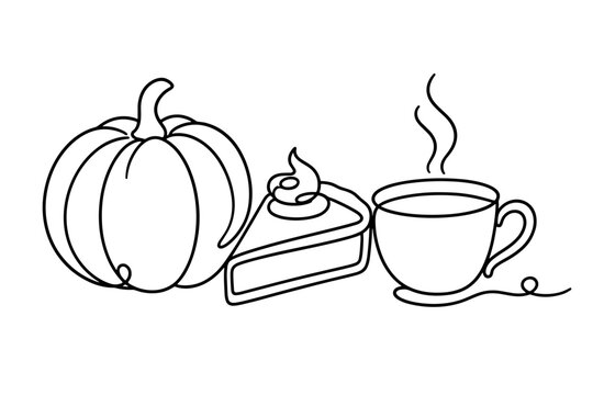 Pumpkin pie with whipped cream continuous line art, cozy autumn Still Life with whole pumpkin and hot tea cup vector icon, Thanksgiving bakery menu banner and seasonal cafe decor print