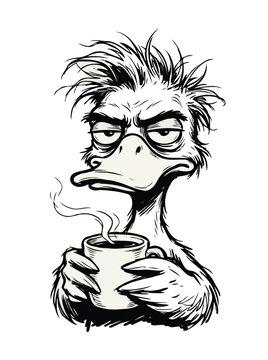 Exhausted cartoon duck holding hot coffee mug with messy hair line art illustration