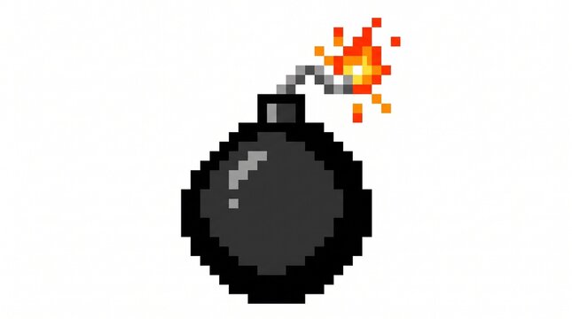 8-bit pixel art of a black round bomb with a lit fuse explosive game asset isolated on white.