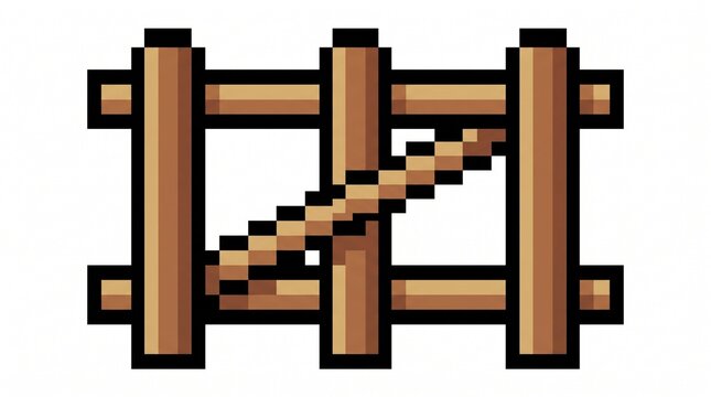 8-bit pixel art of a wooden fence section farming game asset isolated on white.
