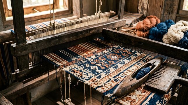 Traditional Wooden Handloom with Ethnic Textile