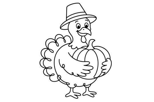 Happy thanksgiving turkey wearing pilgrim hat hugging pumpkin continuous line art, cute autumn bird vector icon, harvest holiday banner and festive party poster print