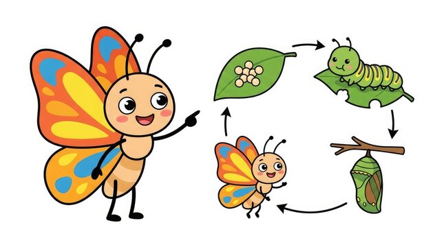 Butterfly life cycle illustration with cute cartoon character