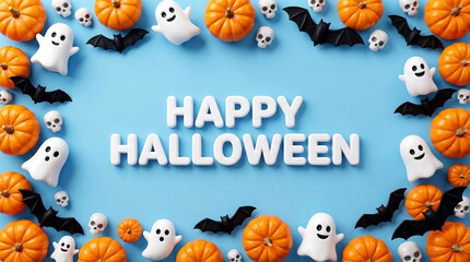 Fototapeta premium Happy halloween 3d text design with pumpkins, ghosts, and bats arranged on a blue background