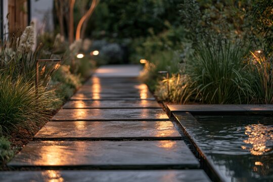Modern garden path with stepping stones and water feature illuminated at twilight