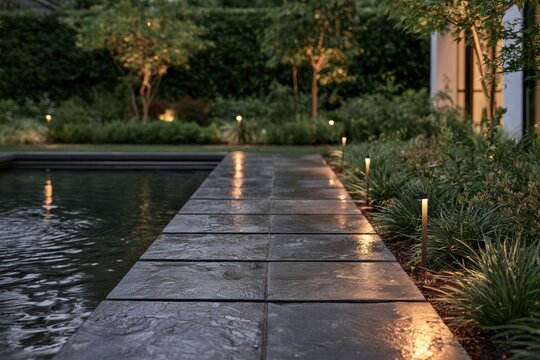 Swimming pool with a stone path illuminated by garden lights creating a serene atmosphere