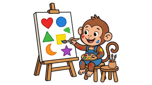 Cute monkey painting colorful shapes on a canvas