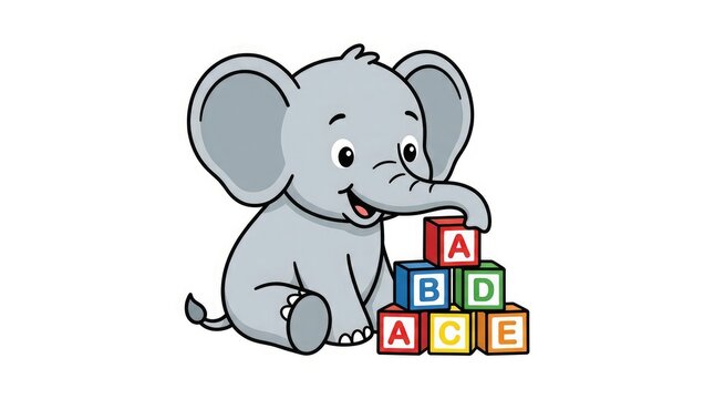 Cute baby elephant playing with colorful alphabet blocks