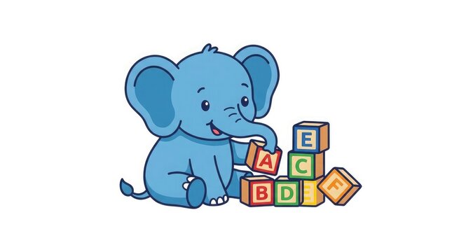 Cute baby elephant playing with colorful alphabet blocks
