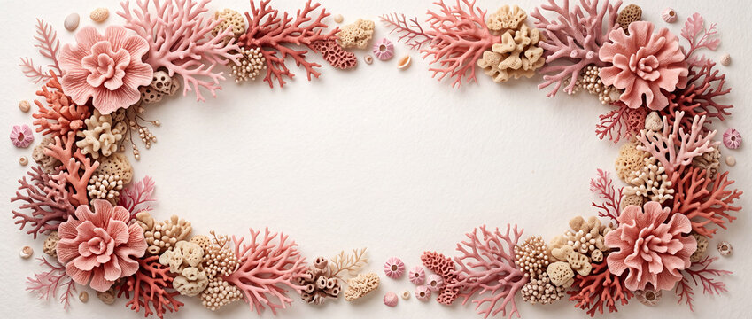 Pink coral and seashell border on white background