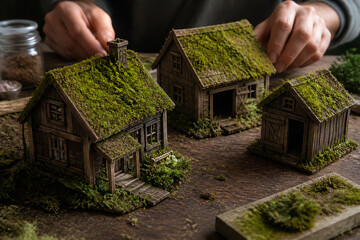 Naklejka premium Miniature moss-covered wooden houses are arranged on a rustic wooden surface, suggesting a diorama or model making scene.