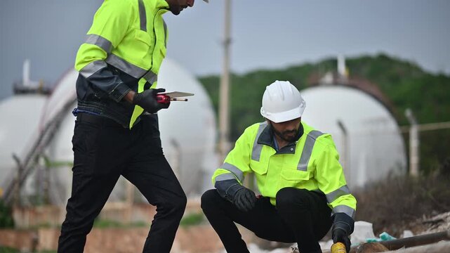 Engineers wearing safety gear, including hard hats examining survey a large blueprint tablet standing industrial facility gas or oil refinery engaged in a job requires high safety standards concept.	