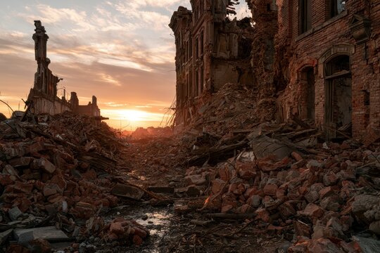 Destroyed city building facades and rubble fill the landscape under a dramatic sunset sky