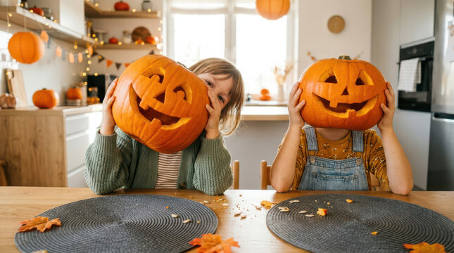 Two children wearing carved pumpkin masks at table with autumn leaves, celebrating playful Halloween at home with seasonal decorations, spooky treats and warm festive fall atmosphere indoors