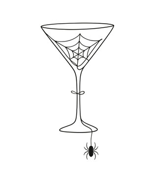 Halloween martini glass with spider web continuous line art, spooky cocktail with dangling spider vector icon, party drink logo and holiday poster print