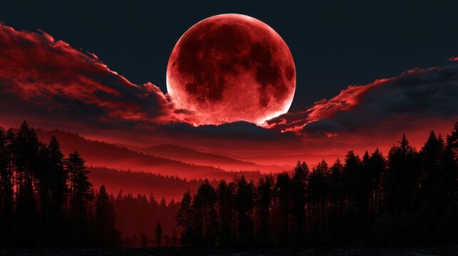 Majestic red moon rising over dark forest landscape with layered hills and dramatic glowing clouds under night sky