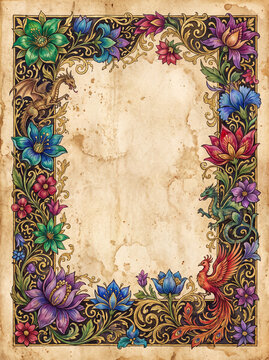 Illuminated manuscript border with flowers dragons and phoenix