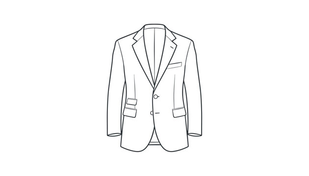 Classic mens suit jacket is illustrated in clean black outlines on a white background representing formal fashion.