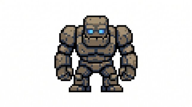 8-bit pixel art of a giant stone golem boss RPG enemy character sprite isolated on white.