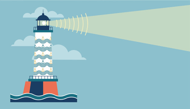 Illustrated lighthouse standing in the ocean shines a bright searchlight beam through the sky with soft clouds.