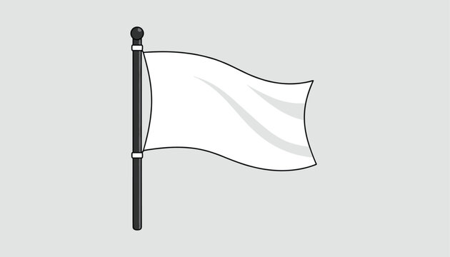 Waving blank white flag on a black flagpole represents peace or surrender against a light grey background.