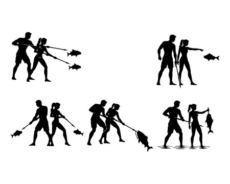 Spearfishing Silhouette Bundle &ndash; 30 Black Fishing Vector Designs with Men, Women and Couples