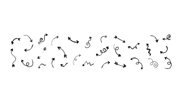 Hand Drawn Arrow Collection: A variety of whimsical hand-drawn arrows, ranging from simple straight lines to complex curves and spirals, illustrating direction and movement.