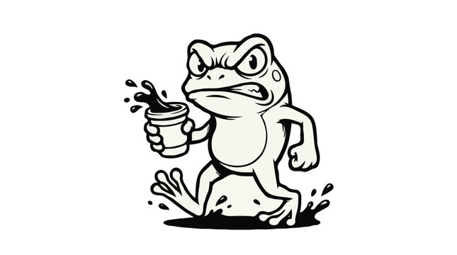 Angry cartoon frog marching with spilling coffee cup black and white vector art