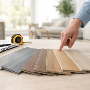 Wood flooring samples arranged on a table as a hand selects a light oak plank, with measuring tape and bright home interior in the background.