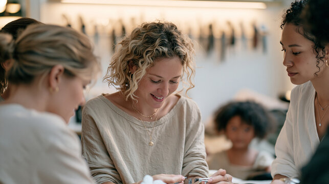 Beauty professionals testing a new lash extension method together beneath golden hour lighting, a row of precision tools hung on the wall behind them, a child peeking into the