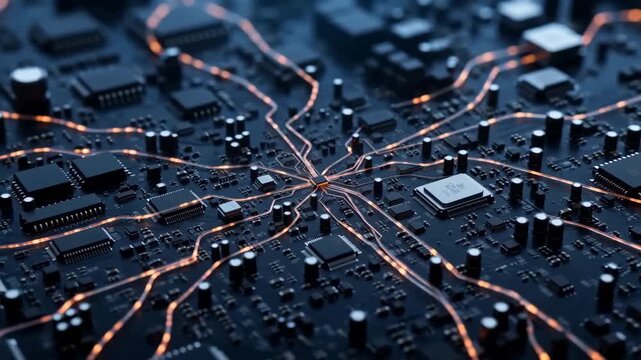 Circuit Board Connections: A detailed macro view of an intricate circuit board, highlighting the complex pathways and electronic components that form the backbone of modern technology.