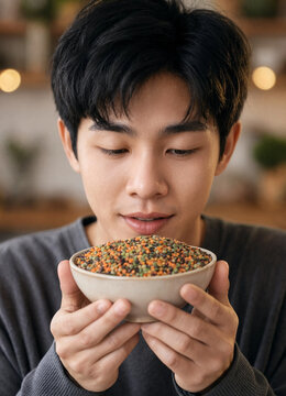 Young man holds a ceramic bowl filled with multicolored grains or seeds and looks down at them in a warm indoor setting. Close-up portrait with shallow depth of field.